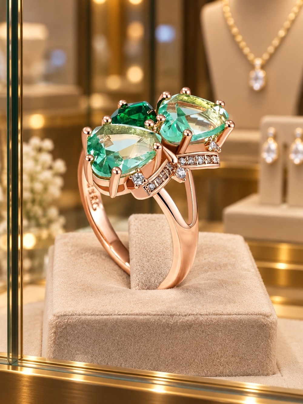 Emerald Green Rose Gold Double Stone Ring